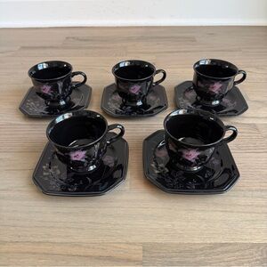 Vintage Mikasa Color Trend Dr 701 Ebony Meadow Cup 5 and Saucer 5 Black Floral